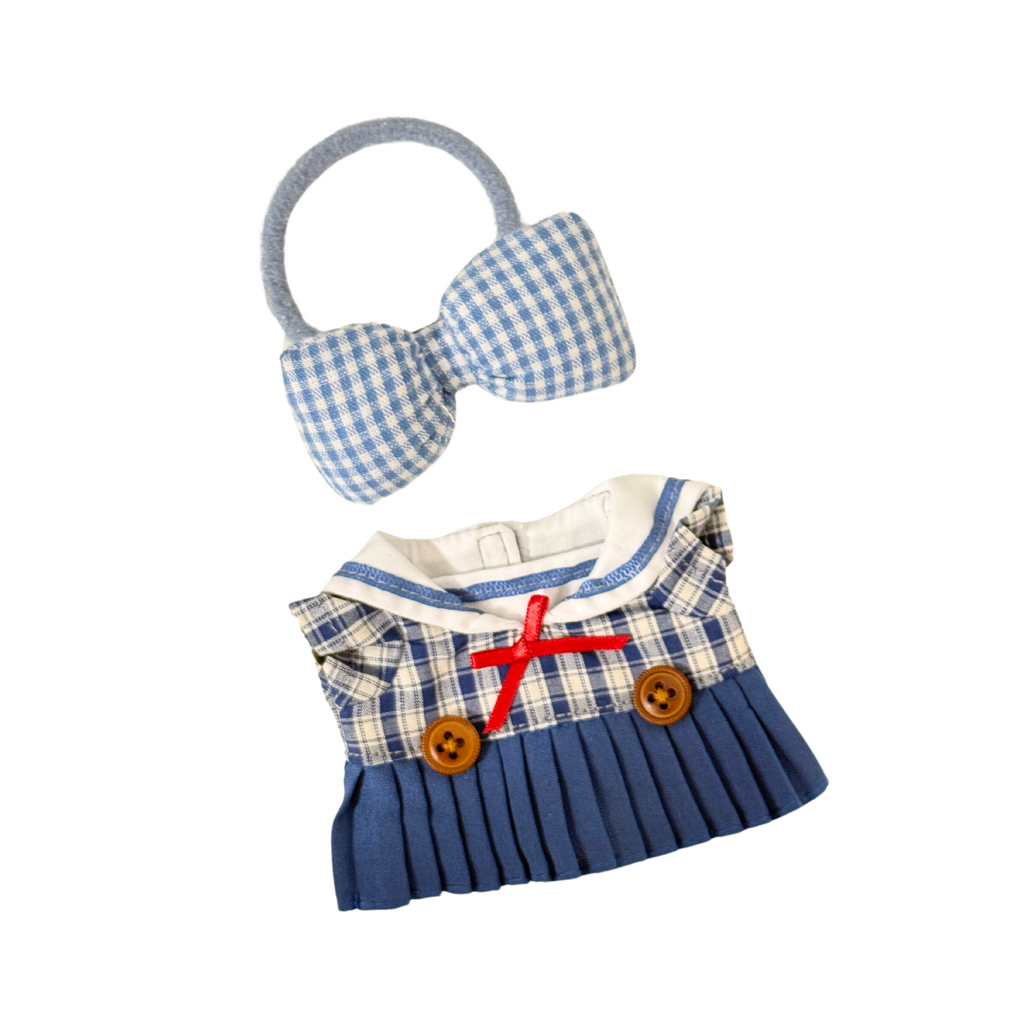 2Pcs Blue Plaid Dress with Bow or Straw Hat Outfit
