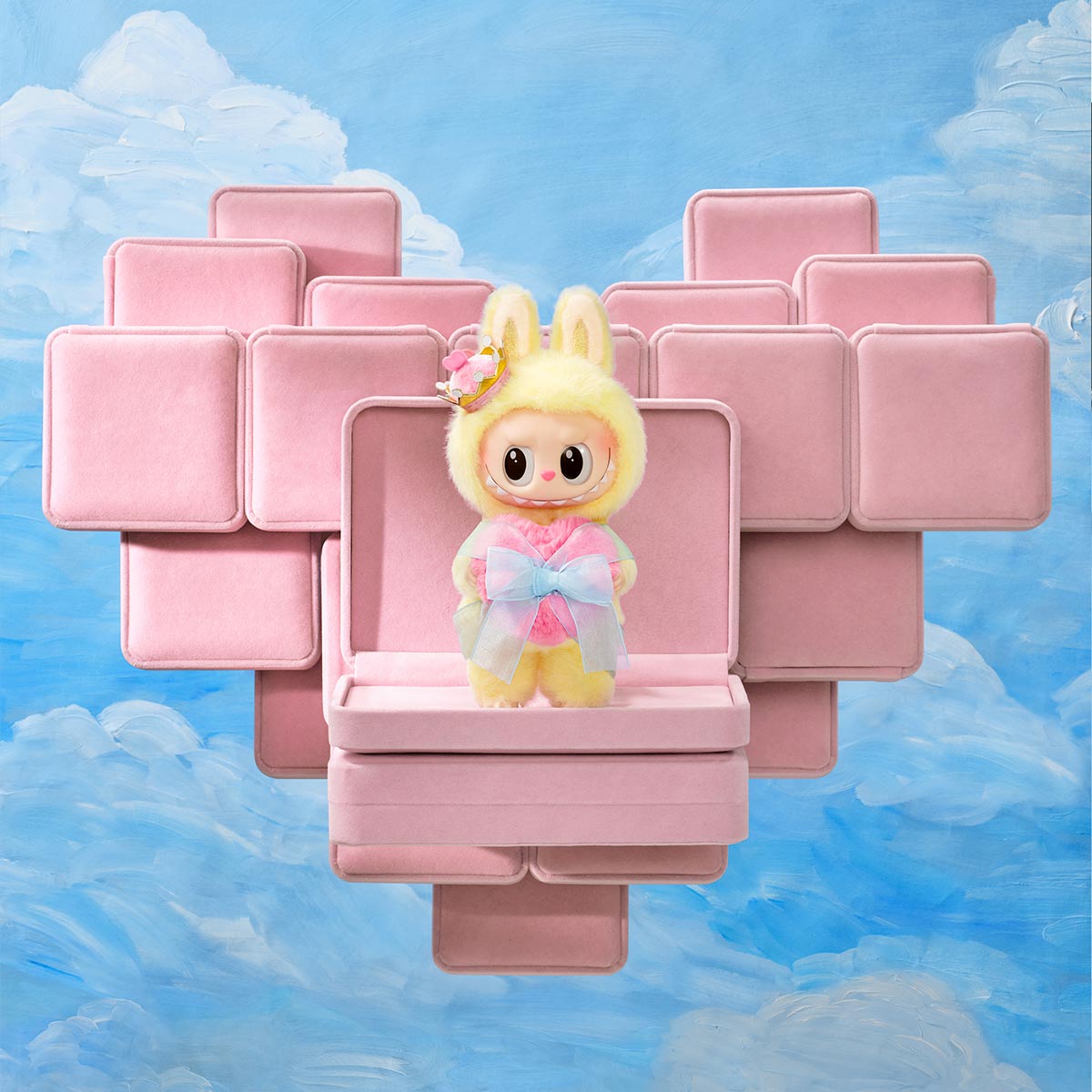 THE MONSTERS Let's Checkmate Series-Vinyl Plush Hanging Card - Labubu - Yellow Fur, Pink Crown - Pop Mart - Bag Charm - Queen Labubu Standing on a Jewelry Box