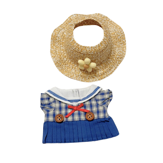 2Pcs Blue Plaid Dress with Bow or Straw Hat Outfit