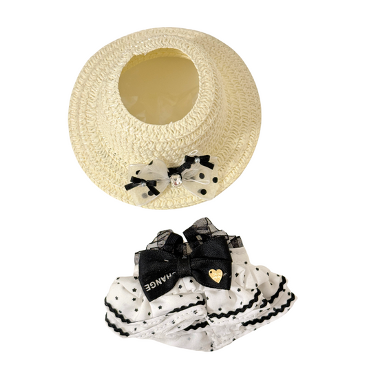 2Pcs Polka Dot White Dress with Straw Hat Outfit