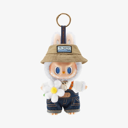 THE MONSTERS FALL IN WILD SERIES - Vinyl Plush Doll Pendant - Labubu - Pop Mart - Bag Charm - Bucket Hat - Denim Overall, White Flower