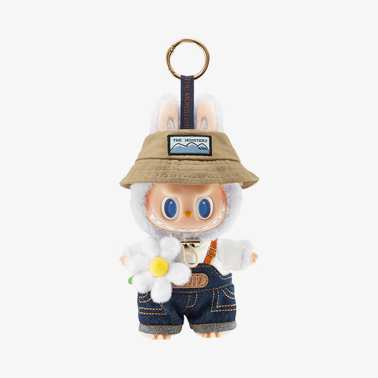 THE MONSTERS FALL IN WILD SERIES - Vinyl Plush Doll Pendant - Labubu - Pop Mart - Bag Charm - Bucket Hat - Denim Overall, White Flower