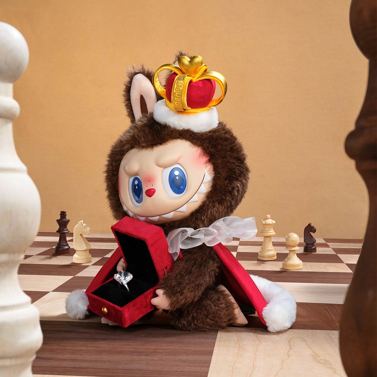 THE MONSTERS Let's Checkmate Series-Vinyl Plush Doll - King - Labubu - Brown - Crown - Mantle - Jewelry Box - Sitting Down Side View